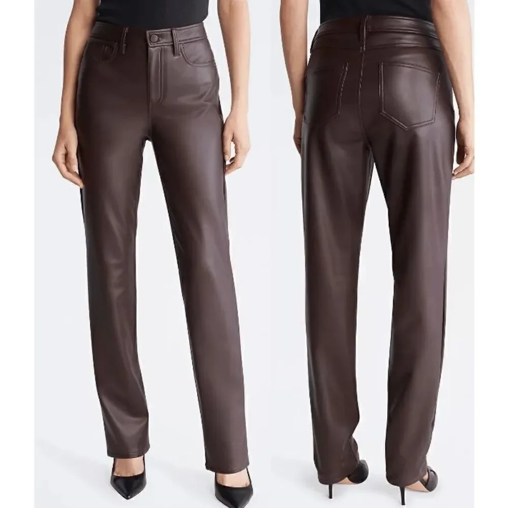 Calvin Klein Women's Faux Leather Straight Leg Pants 12